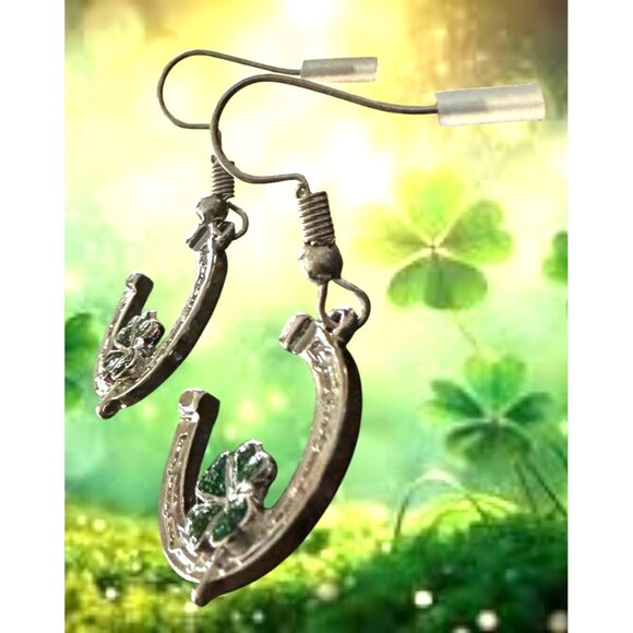 Horseshoe Clover Earrings St Patricks Day Lucky Irish Dangle Hooks New H… - Picture 8 of 9